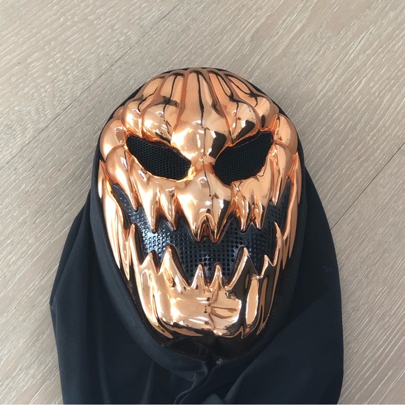 Halloween Scary Jack-O-Lantern Mask Metallic Orange Pumpkin Skull Hodded Costume - Picture 5 of 7